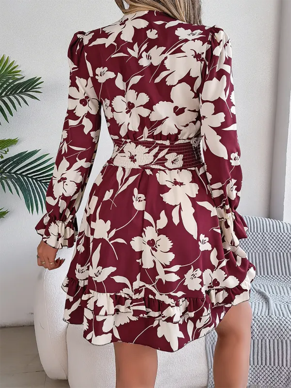 Floral Print A-Line Dress with Lace-Up Front and Smocked Waist