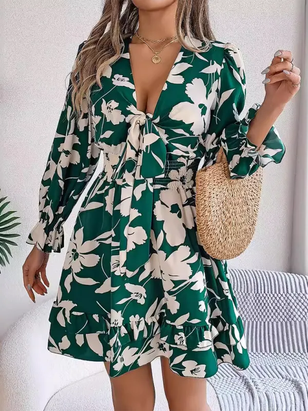 Floral Print A-Line Dress with Lace-Up Front and Smocked Waist