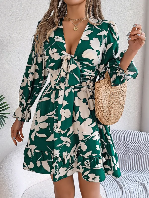 Floral Print A-Line Dress with Lace-Up Front and Smocked Waist