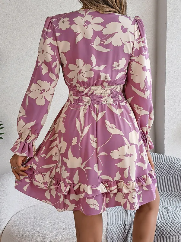 Floral Print A-Line Dress with Lace-Up Front and Smocked Waist