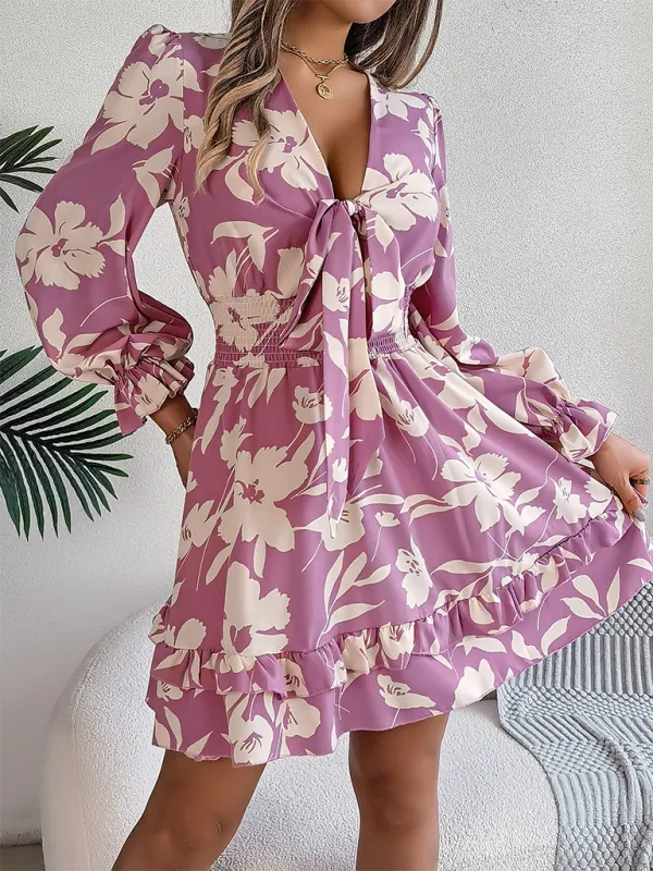 Floral Print A-Line Dress with Lace-Up Front and Smocked Waist