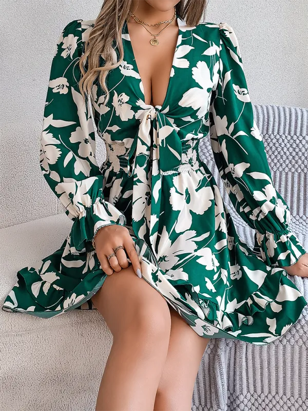 Floral Print A-Line Dress with Lace-Up Front and Smocked Waist