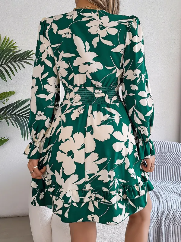 Floral Print A-Line Dress with Lace-Up Front and Smocked Waist