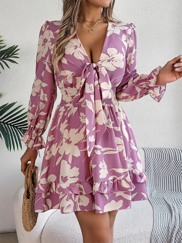 Floral Print A-Line Dress with Lace-Up Front and Smocked Waist