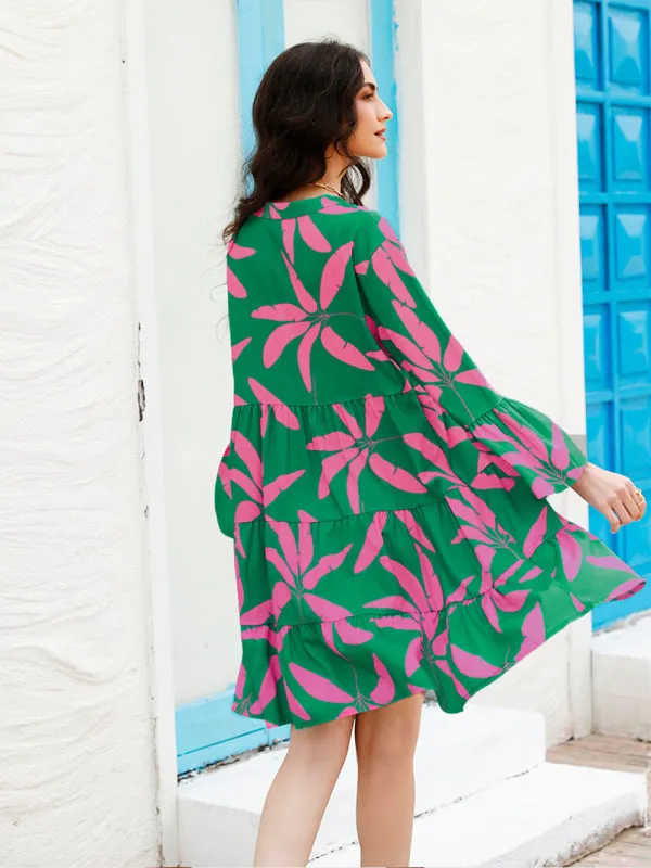 Floral Print Bell Sleeve Dress with Tiered Design