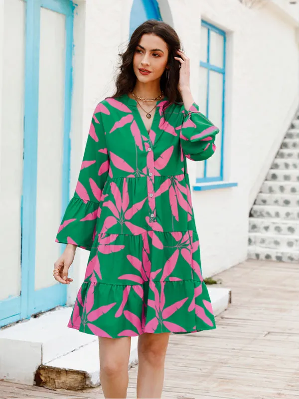 Floral Print Bell Sleeve Dress with Tiered Design