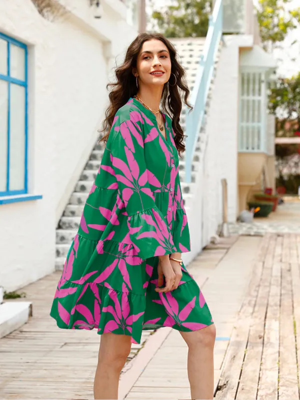 Floral Print Bell Sleeve Dress with Tiered Design