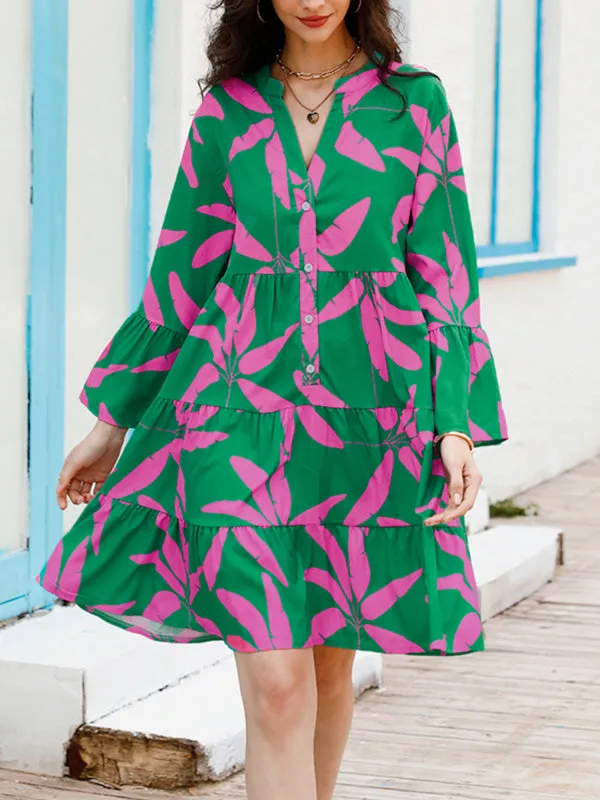 Floral Print Bell Sleeve Dress with Tiered Design