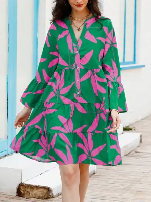 Floral Print Bell Sleeve Dress with Tiered Design