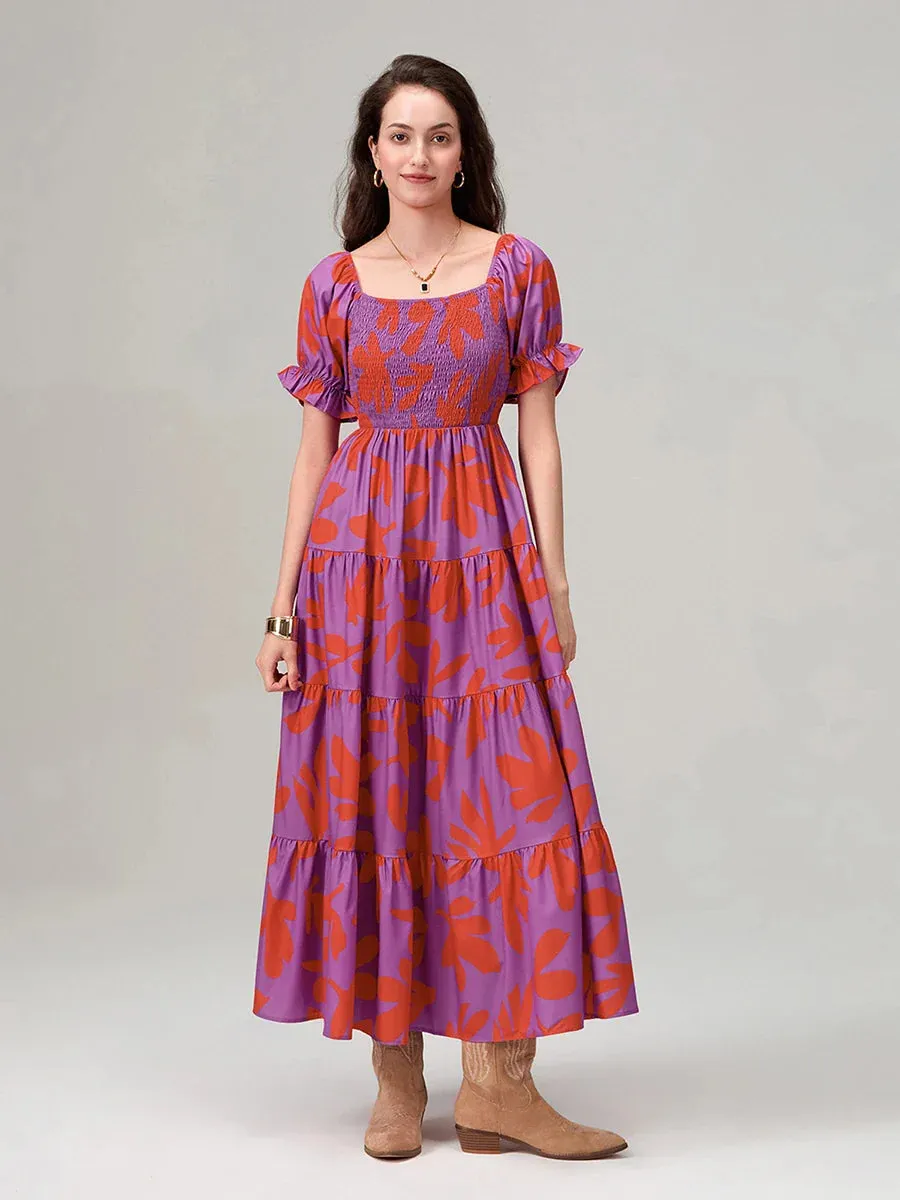 Floral Print Flowy Puff Sleeve Square Neck A-Line Vacation Floral Dress