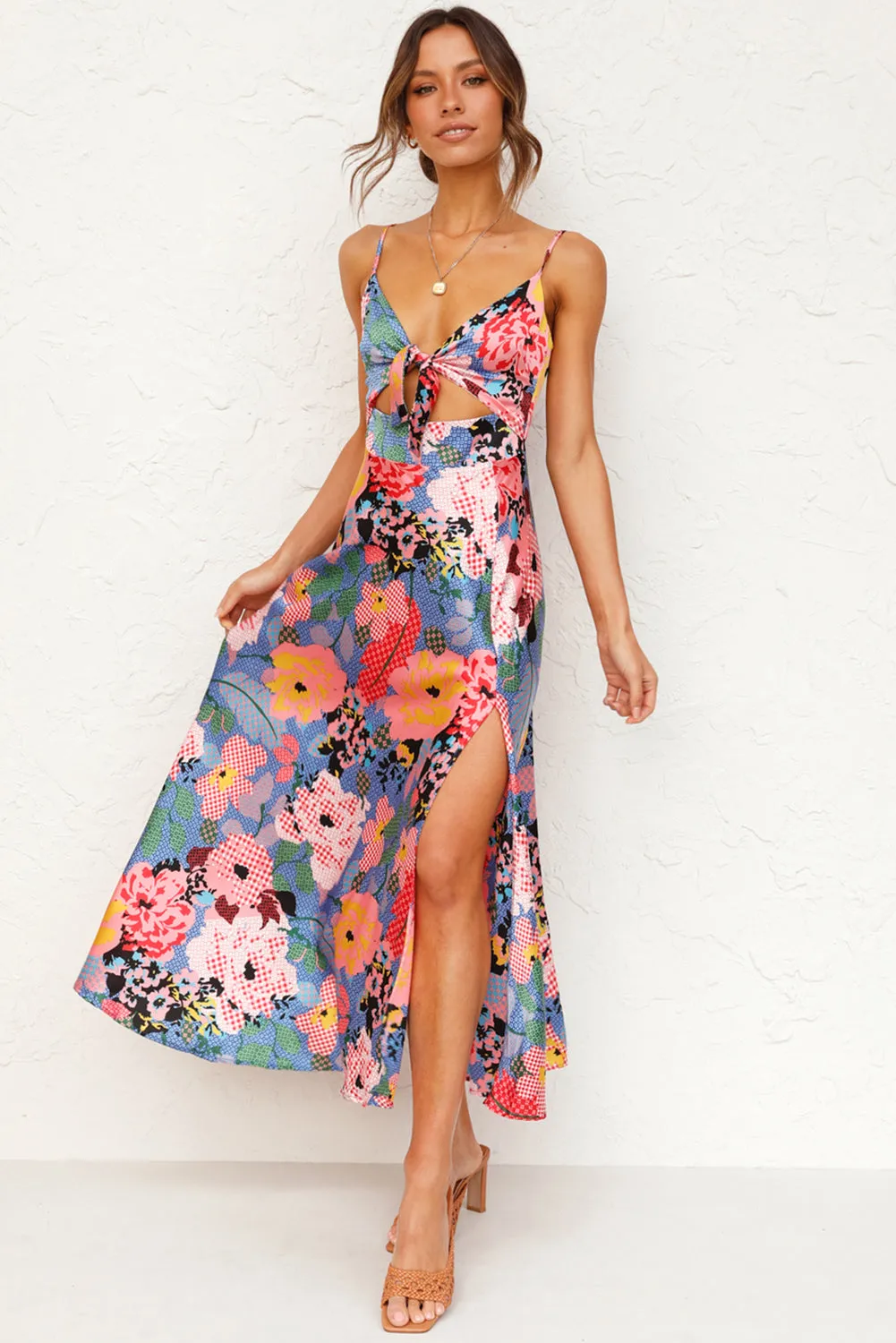 Floral Print Maxi Dress with Bust Knot and Slit