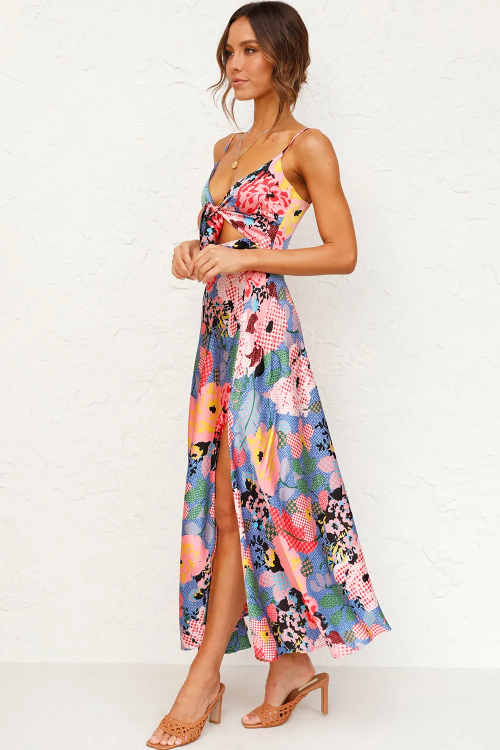 Floral Print Maxi Dress with Bust Knot and Slit