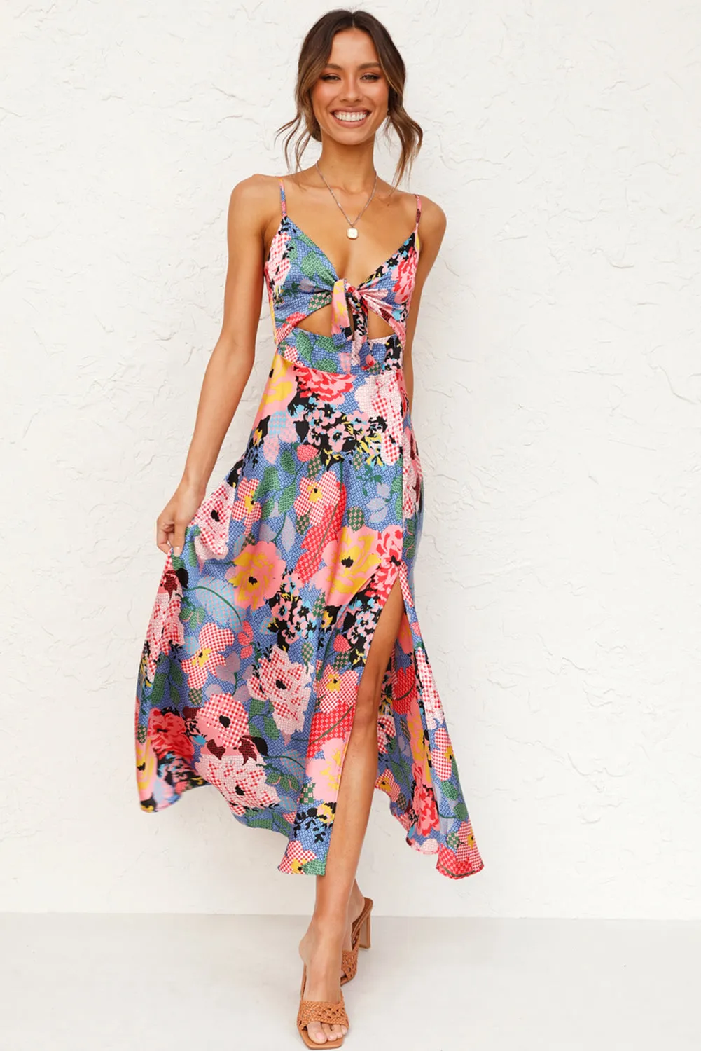 Floral Print Maxi Dress with Bust Knot and Slit