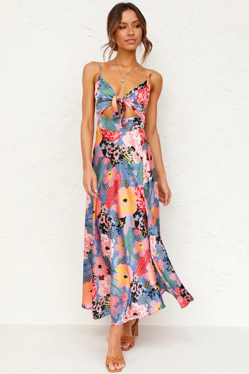 Floral Print Maxi Dress with Bust Knot and Slit