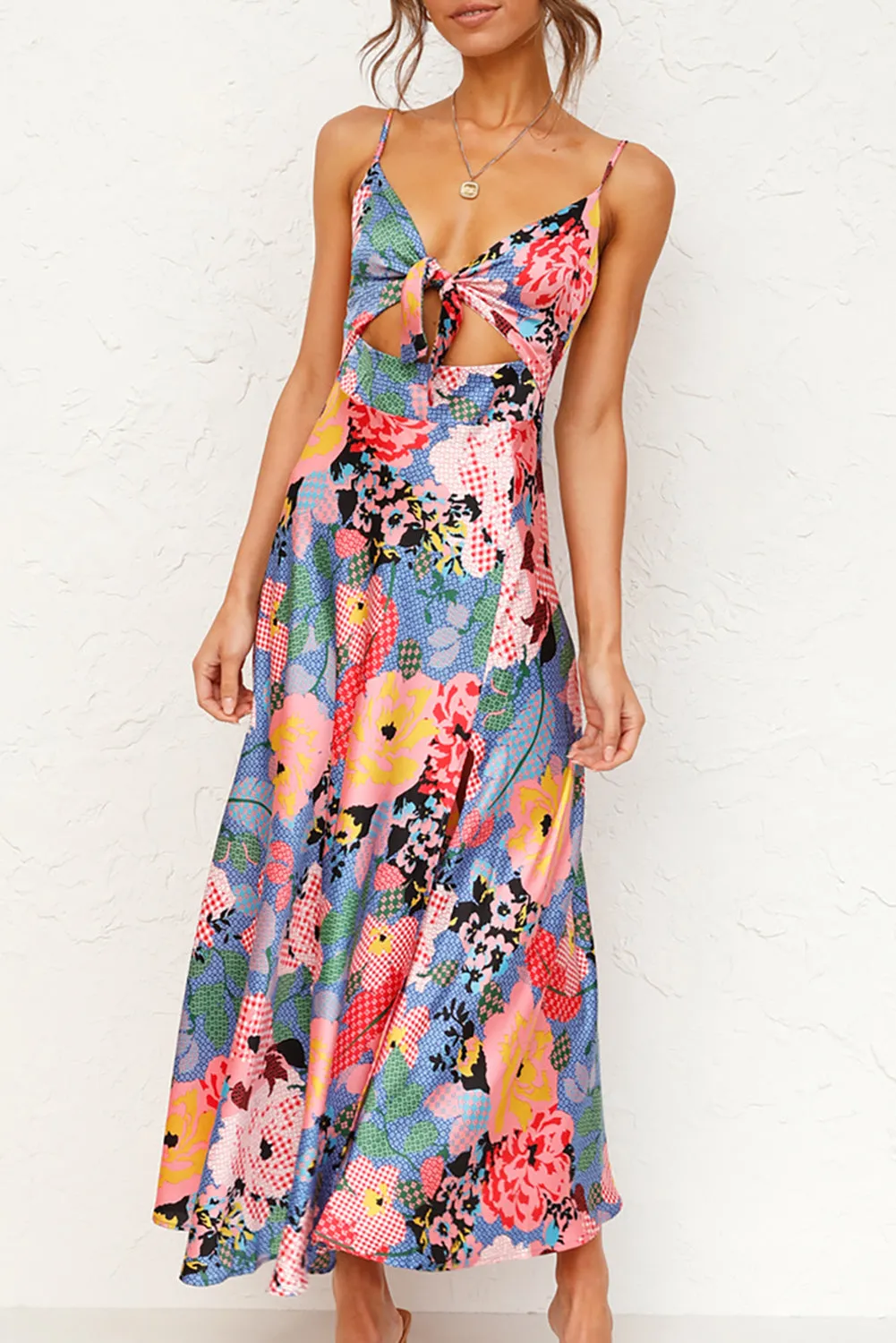Floral Print Maxi Dress with Bust Knot and Slit