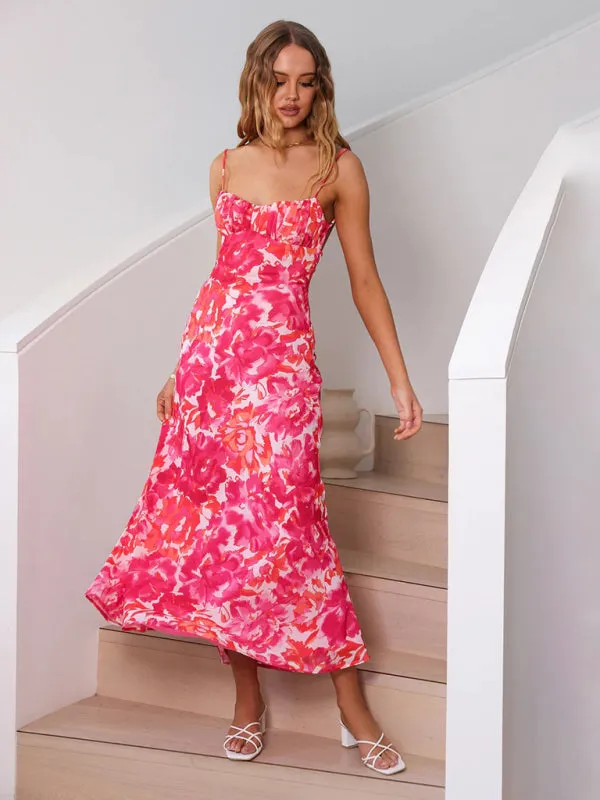 Floral Print Maxi Dress with Thin Straps and Low-Cut Back
