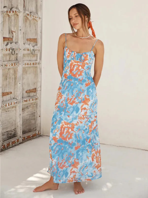Floral Print Maxi Dress with Thin Straps and Low-Cut Back