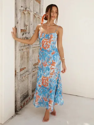 Floral Print Maxi Dress with Thin Straps and Low-Cut Back