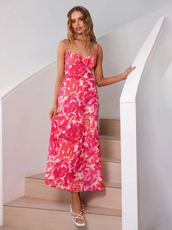 Floral Print Maxi Dress with Thin Straps and Low-Cut Back