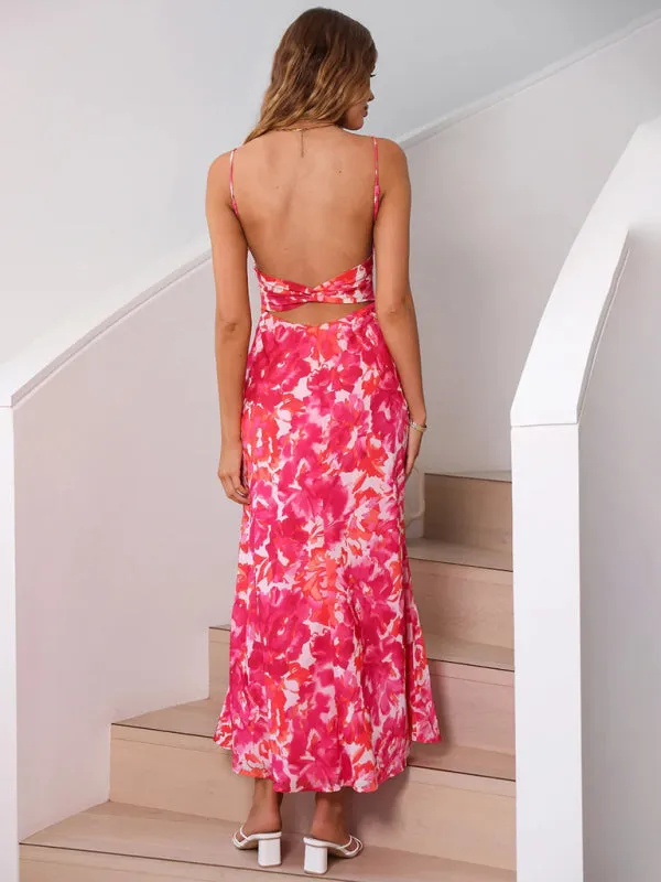 Floral Print Maxi Dress with Thin Straps and Low-Cut Back