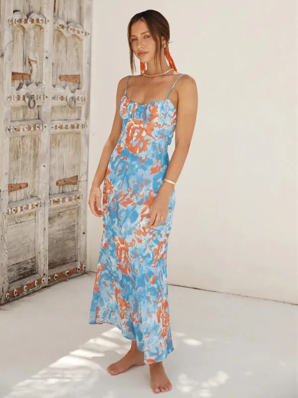 Floral Print Maxi Dress with Thin Straps and Low-Cut Back