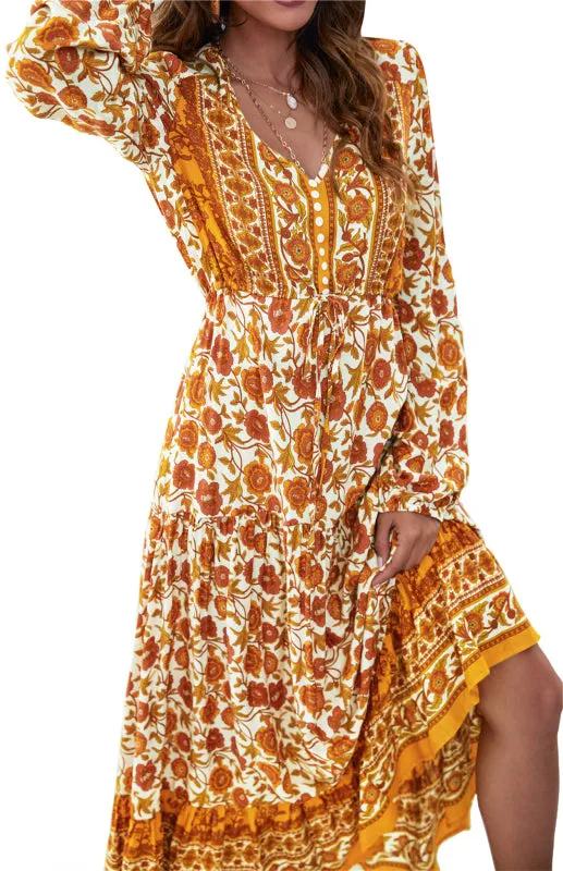 Floral Print Maxi Dress with V-Neck Button and Lantern Sleeves