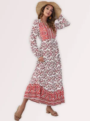 Floral Print Maxi Dress with V-Neck Button and Lantern Sleeves