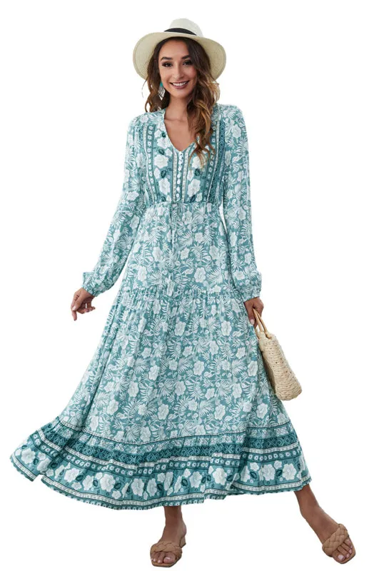 Floral Print Maxi Dress with V-Neck Button and Lantern Sleeves