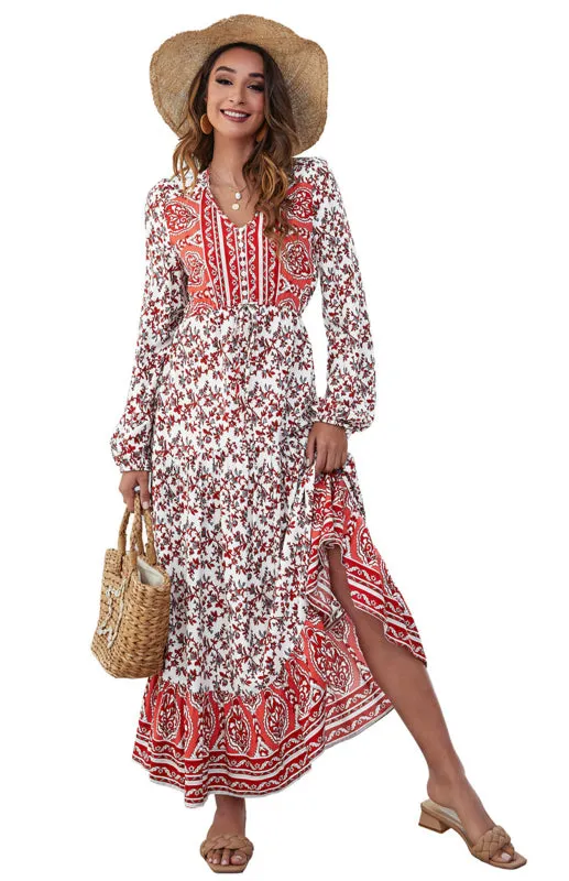 Floral Print Maxi Dress with V-Neck Button and Lantern Sleeves