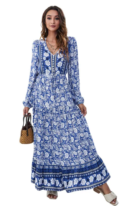 Floral Print Maxi Dress with V-Neck Button and Lantern Sleeves