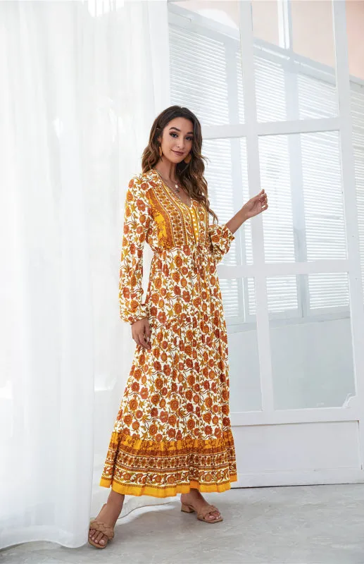 Floral Print Maxi Dress with V-Neck Button and Lantern Sleeves