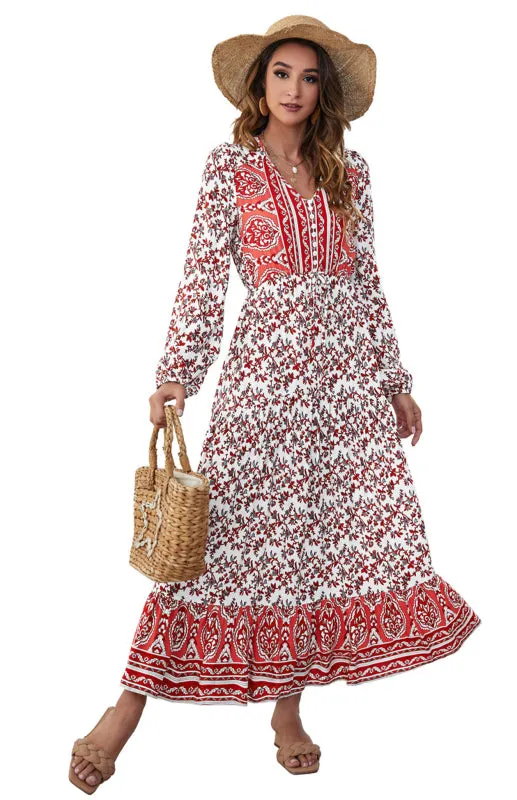 Floral Print Maxi Dress with V-Neck Button and Lantern Sleeves