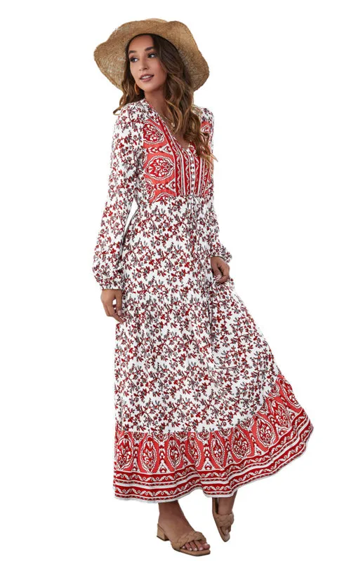 Floral Print Maxi Dress with V-Neck Button and Lantern Sleeves