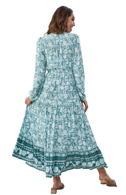 Floral Print Maxi Dress with V-Neck Button and Lantern Sleeves