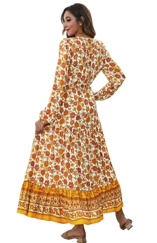 Floral Print Maxi Dress with V-Neck Button and Lantern Sleeves