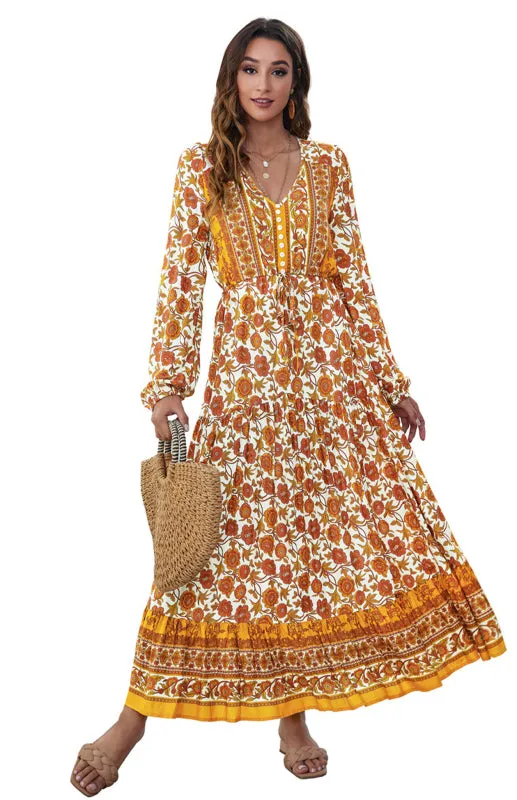 Floral Print Maxi Dress with V-Neck Button and Lantern Sleeves