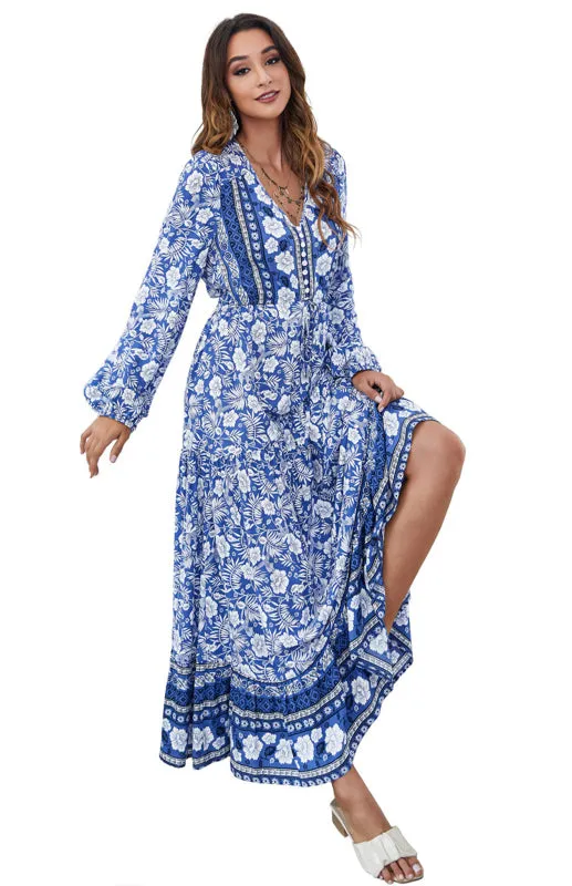 Floral Print Maxi Dress with V-Neck Button and Lantern Sleeves