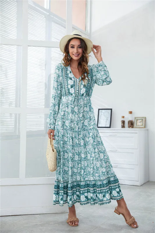 Floral Print Maxi Dress with V-Neck Button and Lantern Sleeves
