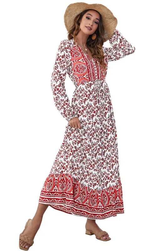 Floral Print Maxi Dress with V-Neck Button and Lantern Sleeves
