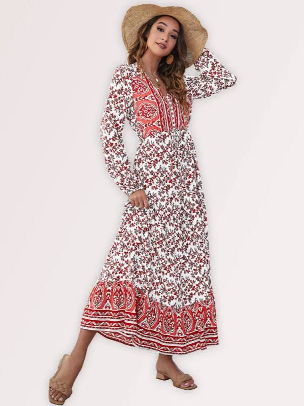 Floral Print Maxi Dress with V-Neck Button and Lantern Sleeves