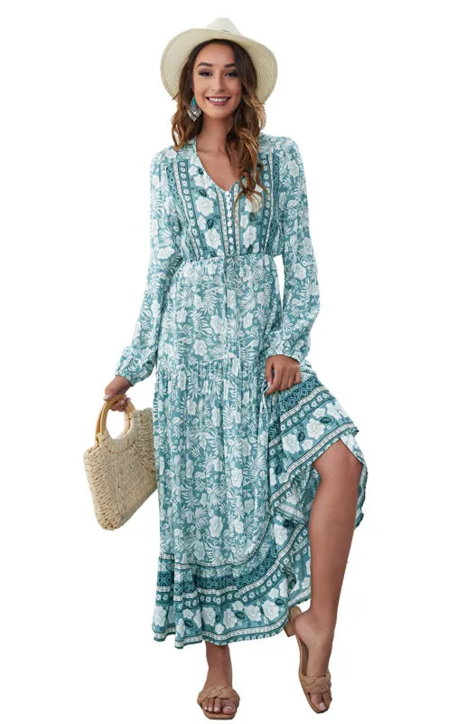 Floral Print Maxi Dress with V-Neck Button and Lantern Sleeves