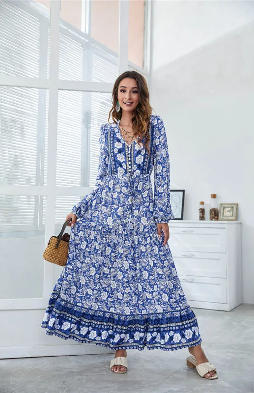 Floral Print Maxi Dress with V-Neck Button and Lantern Sleeves