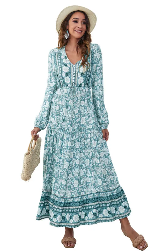 Floral Print Maxi Dress with V-Neck Button and Lantern Sleeves