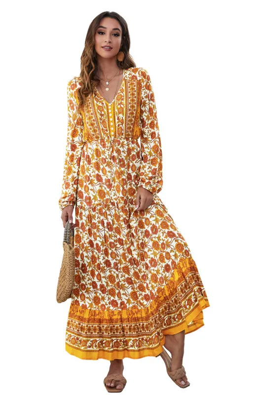 Floral Print Maxi Dress with V-Neck Button and Lantern Sleeves