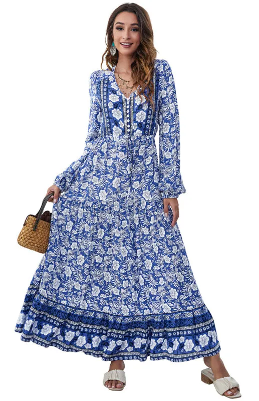 Floral Print Maxi Dress with V-Neck Button and Lantern Sleeves