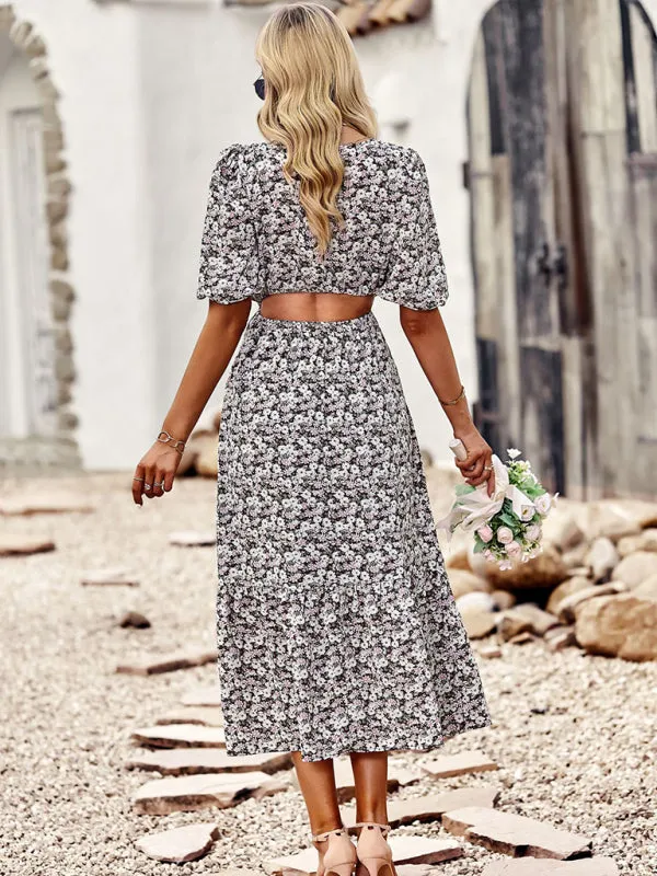 Floral Print Midi A-line Dress with Puff Sleeves
