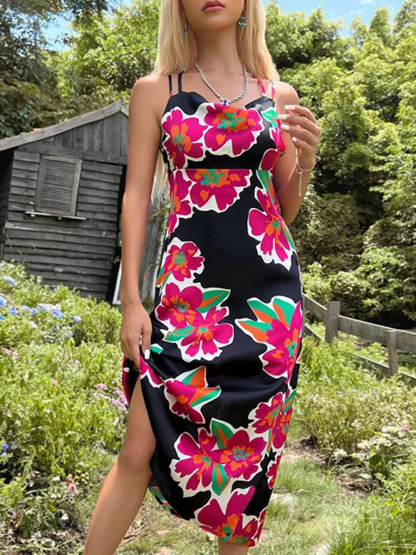 Floral Print Midi Dress with Backless Lace-Up Design
