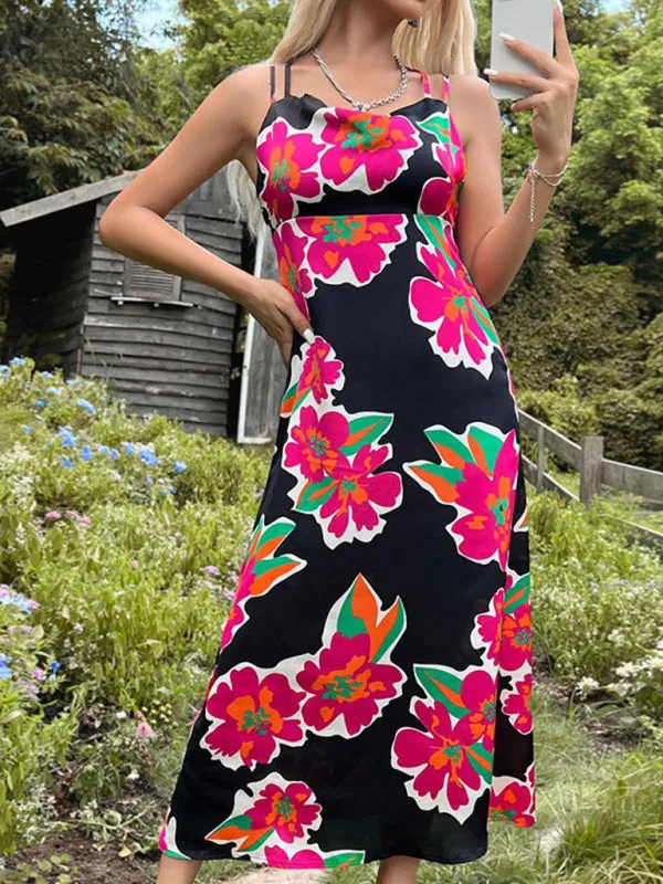 Floral Print Midi Dress with Backless Lace-Up Design