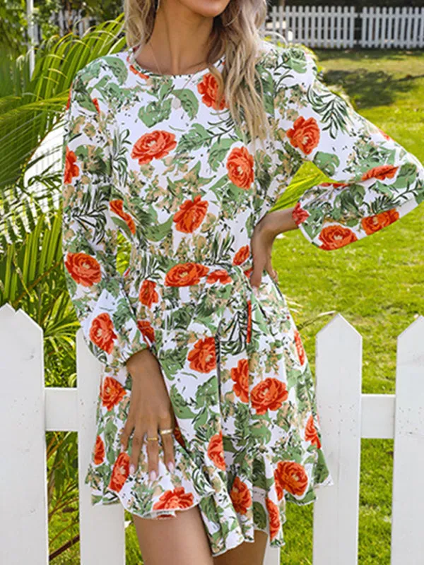 Floral Print Mini Dress with Ruffled Hem and Belted Waist