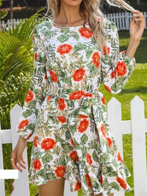 Floral Print Mini Dress with Ruffled Hem and Belted Waist